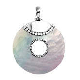 Round white shell pendant in sterling silver with center cut-out and dotted detailing, handcrafted artisan jewelry